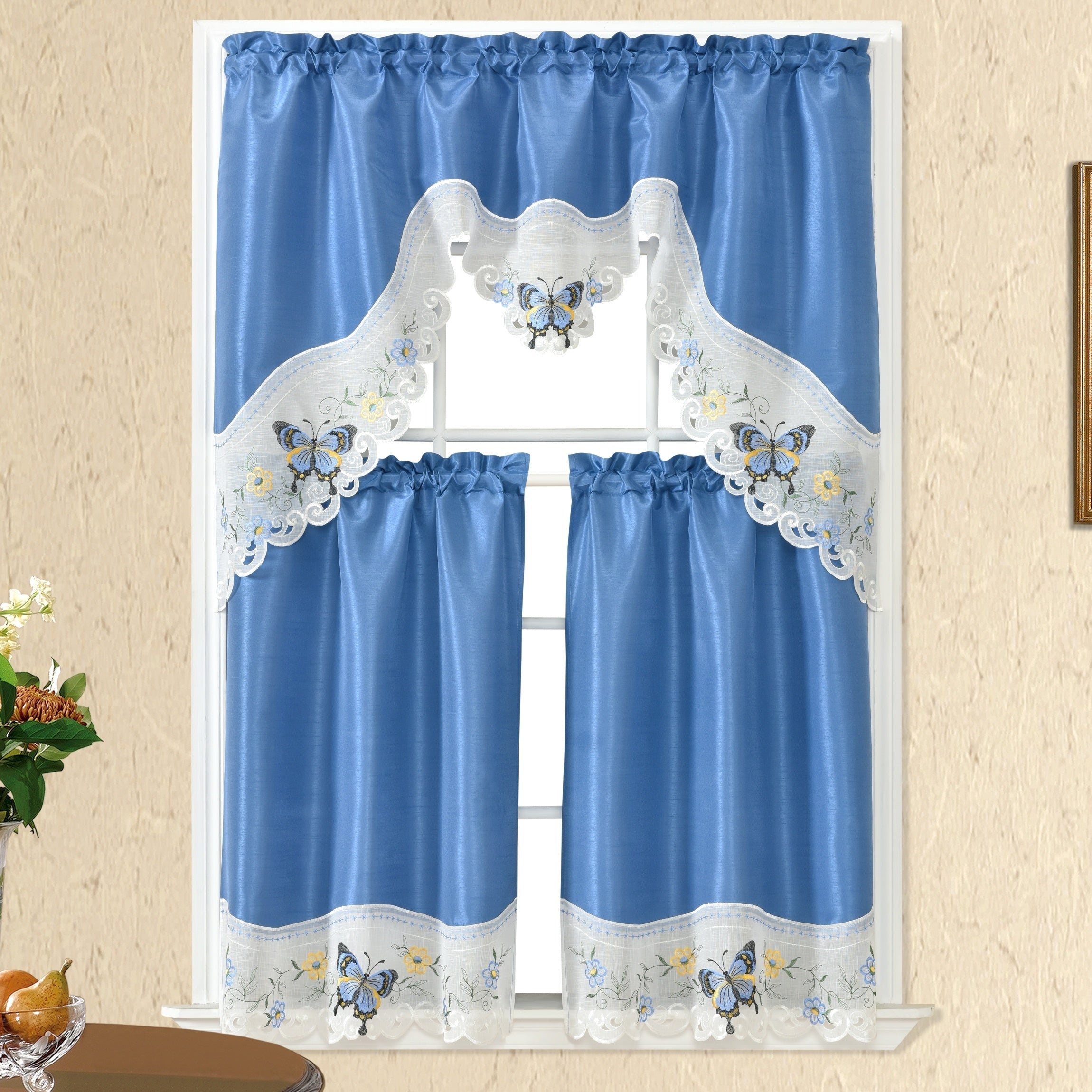 1 SET 3pcs/set Polyester plain fabric with beige floral lace, machine- pink blue gray burgundy butterfly pattern curtains, suitable for home decoration, bathroom, living room, bedroom, kitchen, outdoor decor, villa, wedding,